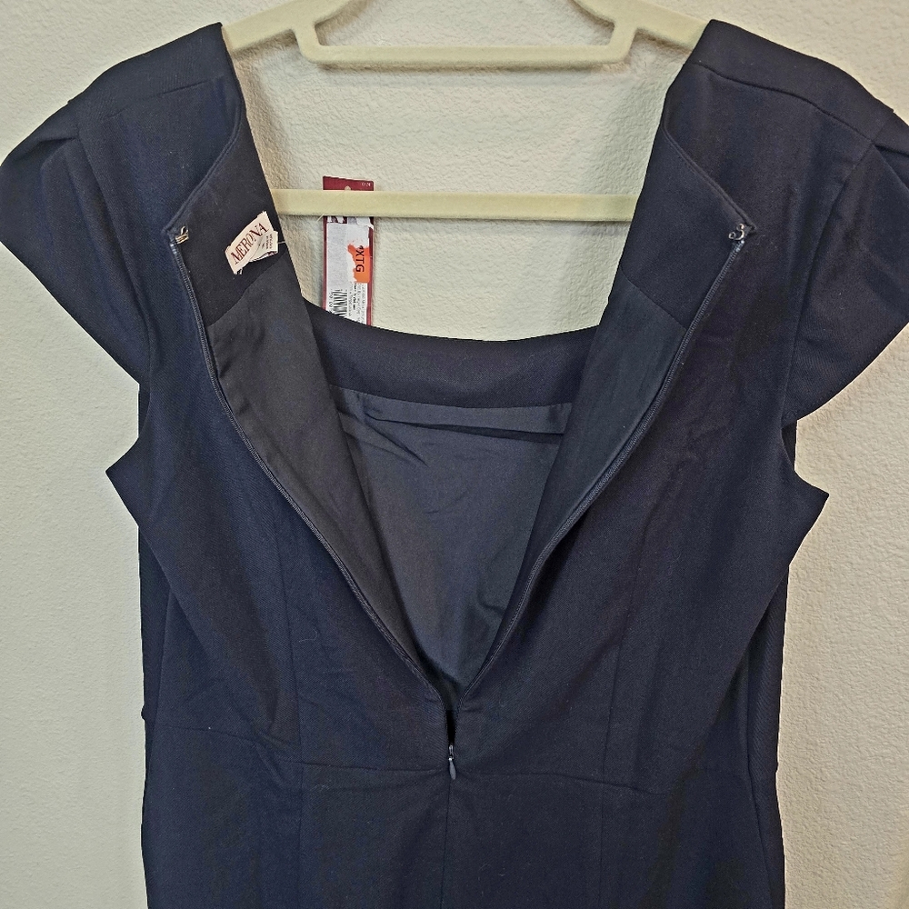 Merona Navy Blue Sheath Dress Cap Sleeve Square Neckline Pleated Dress Womens 16 - Picture 2 of 11